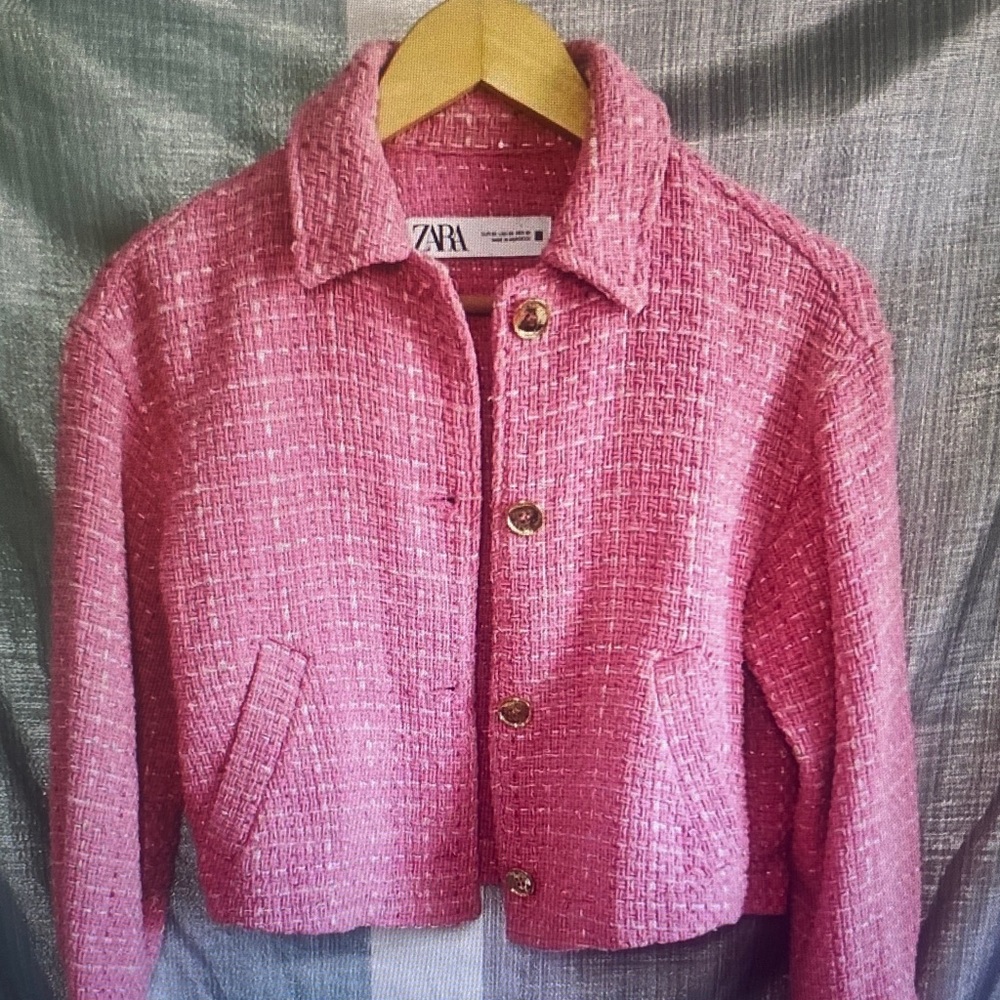 Zara Pink Tweed Boxy Button Jacket